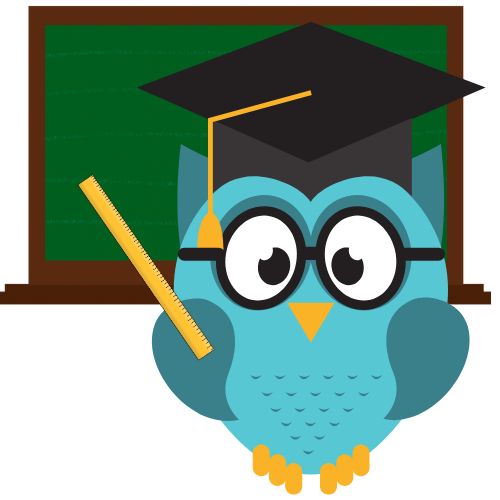 Illustration d’une chouette avec lunettes et chapeau de professeur, tenant une règle devant un tableau. Symbole ludique et pédagogique de la graphothérapie, elle accompagne la présentation du bilan et des séances de rééducation de l’écriture.